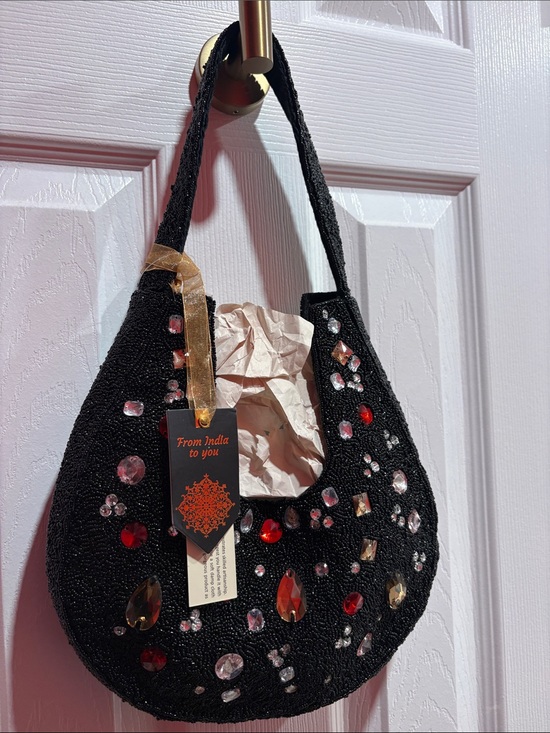 Made in India Handbags - BNWT Made in India Embellished Black Beaded Shoulder Bag with Red & Clear Gems